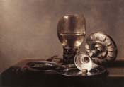 still life with wine glass and silver bowl